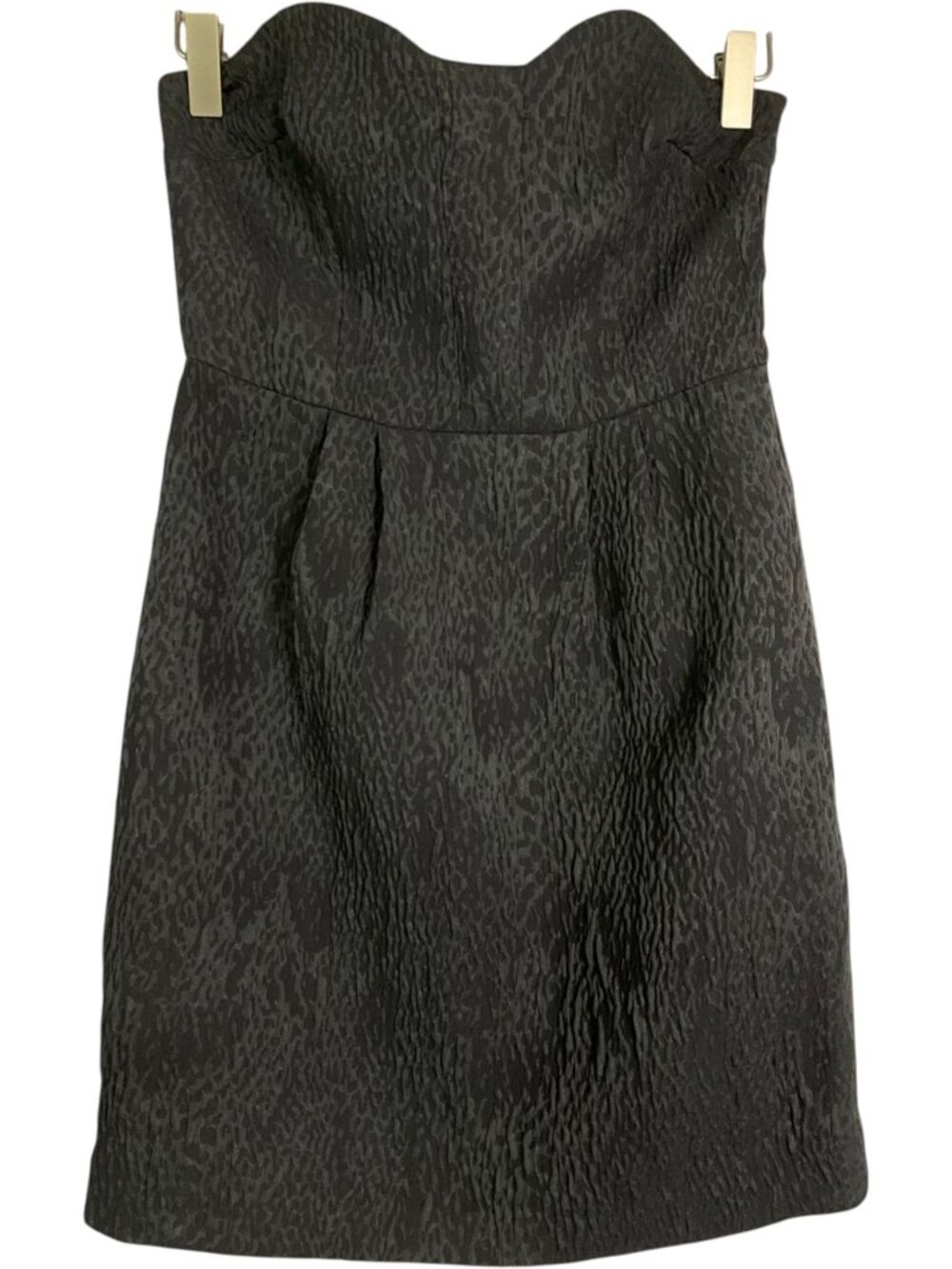 BCBGeneration Strapless Jacquard Dress Size 0 Gray Leopard Print Bustier Pleated